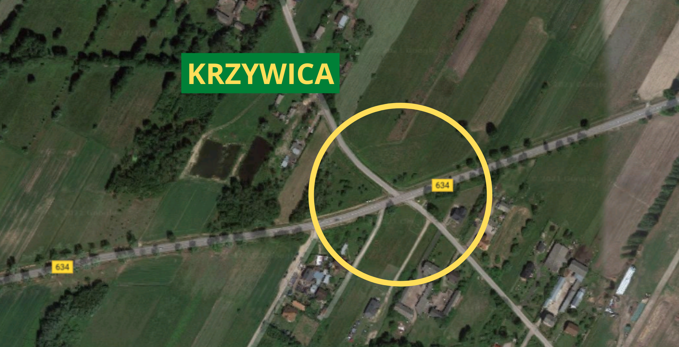 Screen z GoogleMaps na skrzyżowanie w Krzywicy
