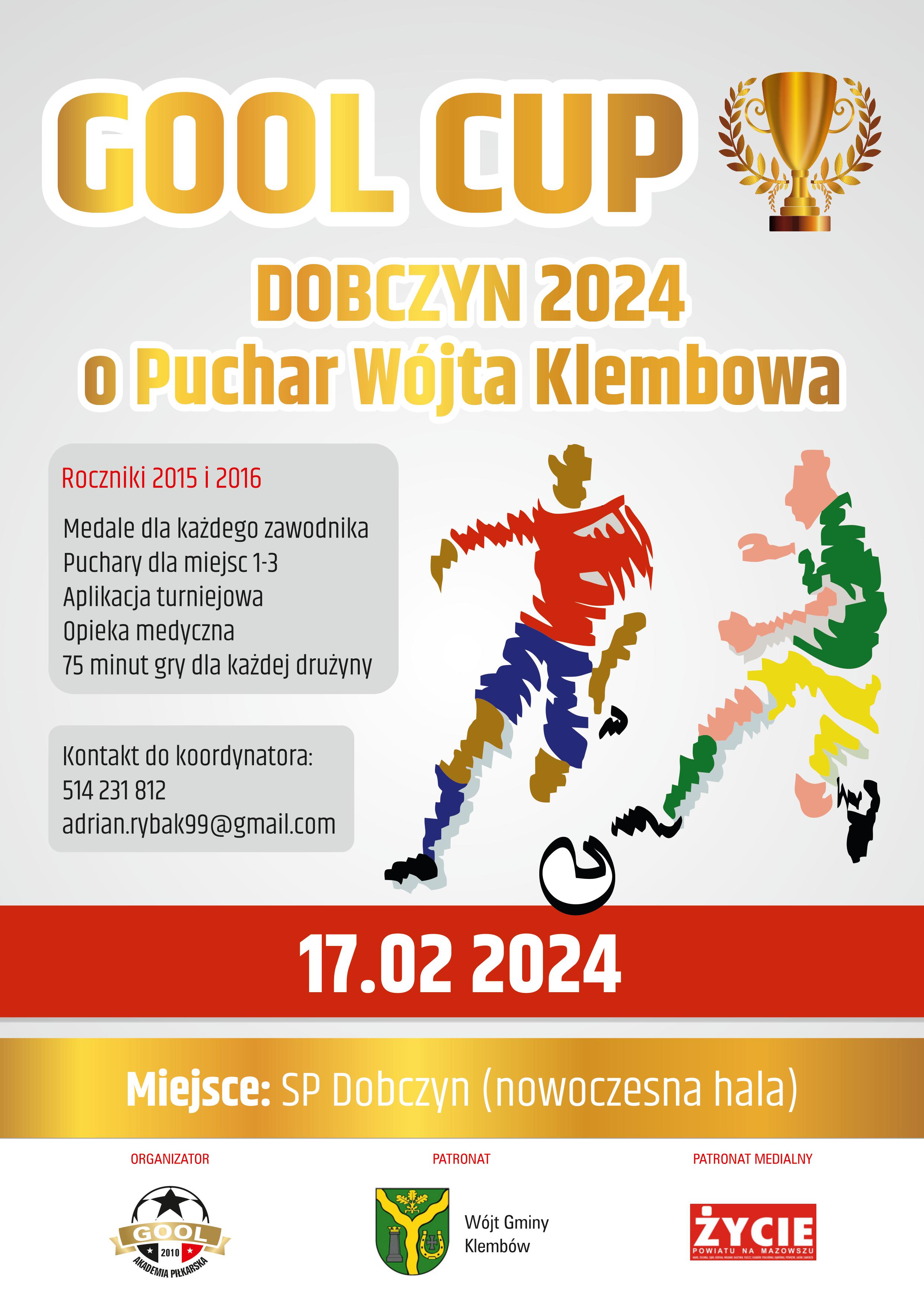 Już w najbliższą sobotę, 17 lutego 2024 r., odbędzie się turniej piłki nożnej GOOL CUP Dobczyn 2024 o Puchar W&oacute;jta Gminy Klemb&oacute;w.