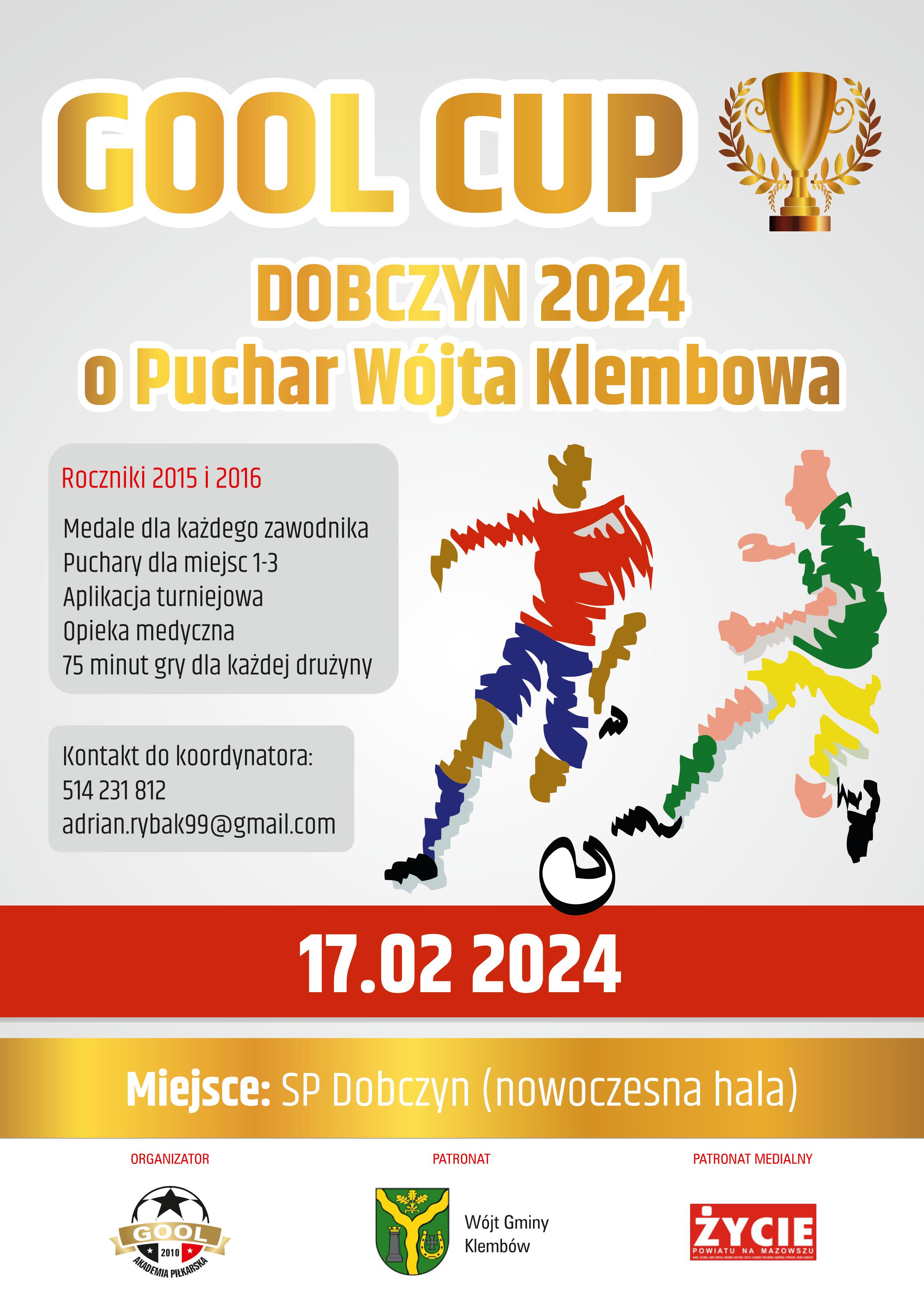 Już w najbliższą sobotę, 17 lutego 2024 r., odbędzie się turniej piłki nożnej GOOL CUP Dobczyn 2024 o Puchar Wójta Gminy Klembów.