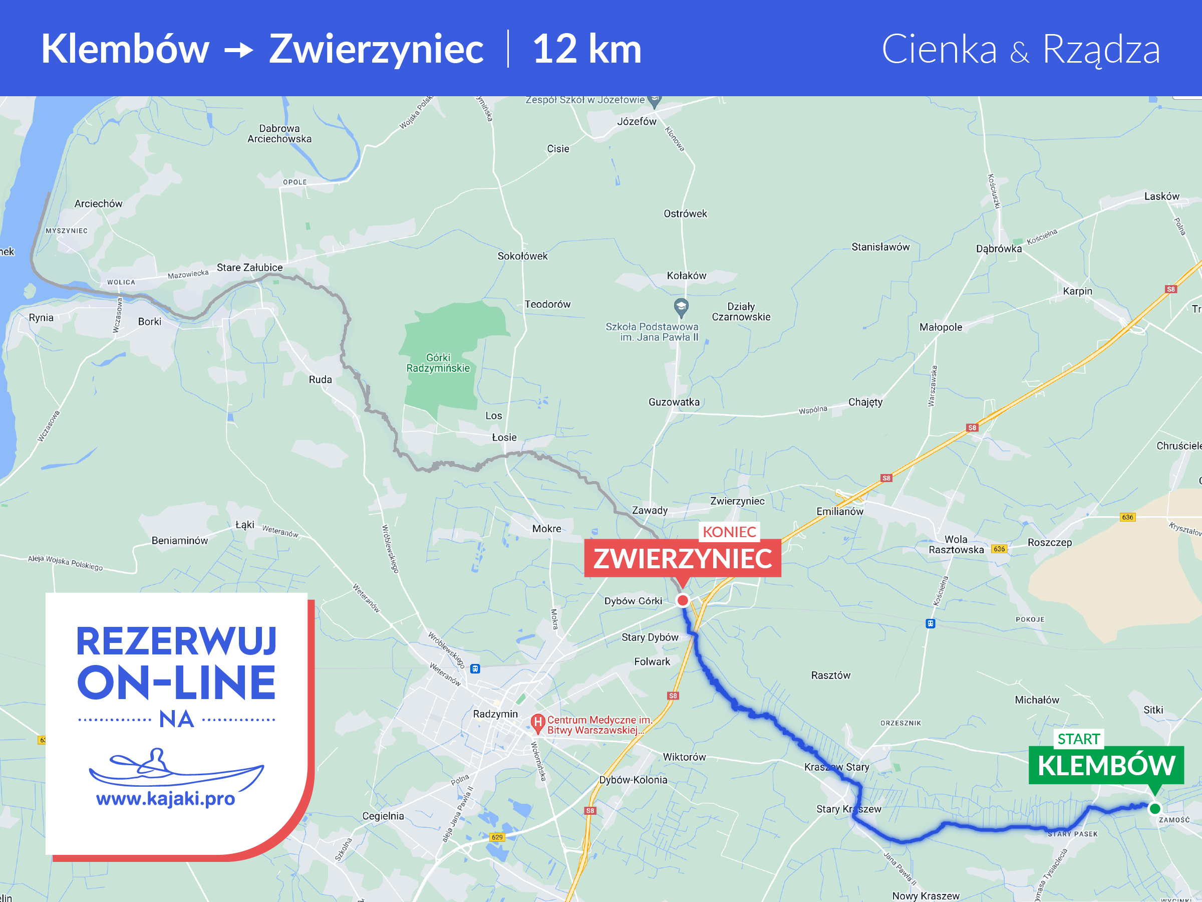 Mapa spływu kajakowego Klemb&oacute;w-Zwierzyniec