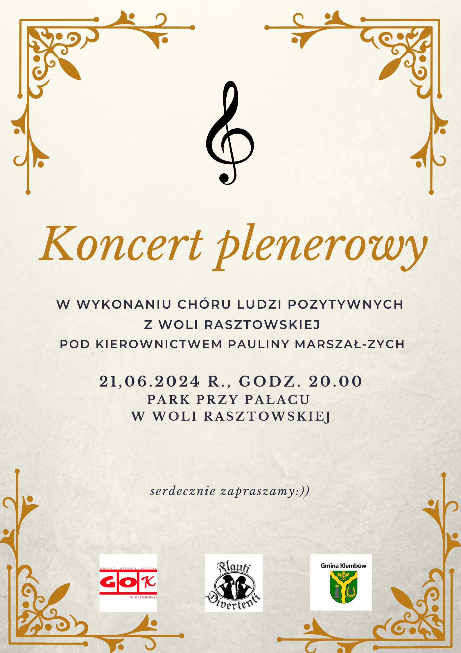 Koncert odbędzie się 21.06.2024 r., o godz. 20:00, w pięknych okolicznościach przyrody, w parku przy pałacu w Woli Rasztowskiej.