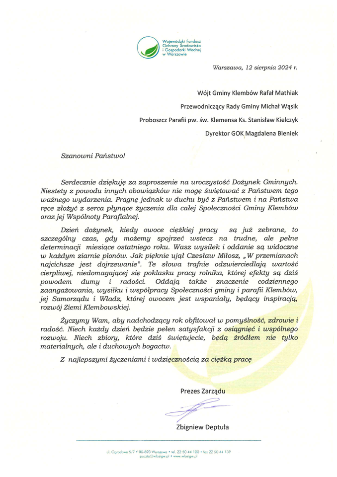 List od Przezesa Zarządu NFOŚiGW Romualda Deptuły