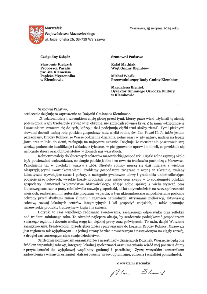 List od Marszałka Wojew&oacute;dztwa Mazowieckiego Adama Struzika