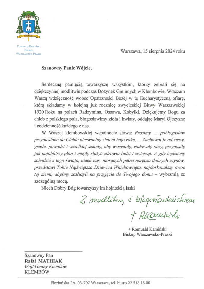 List od Biskupa Warszawso-Praskiego Romualda Kamińskiego