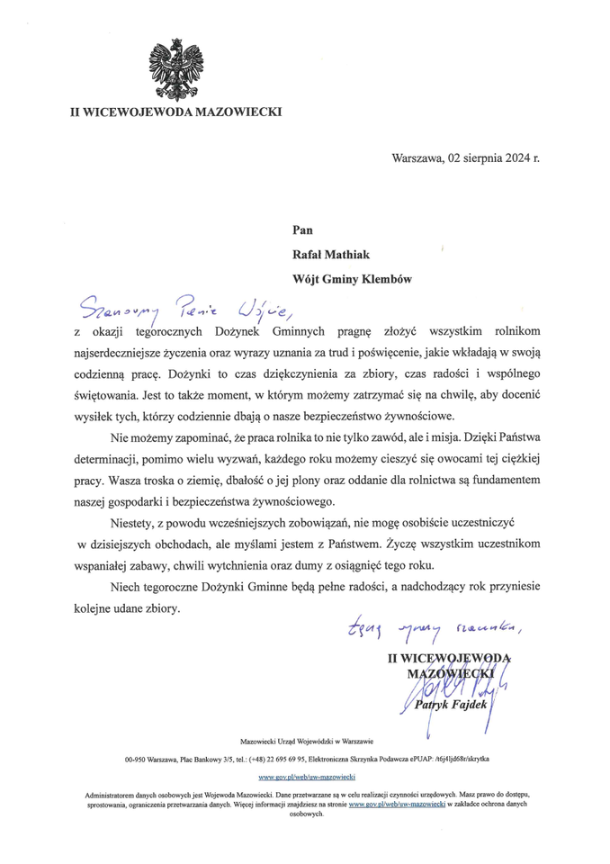List od Wicewojewody Mazowieckiego Patryka Fajdka