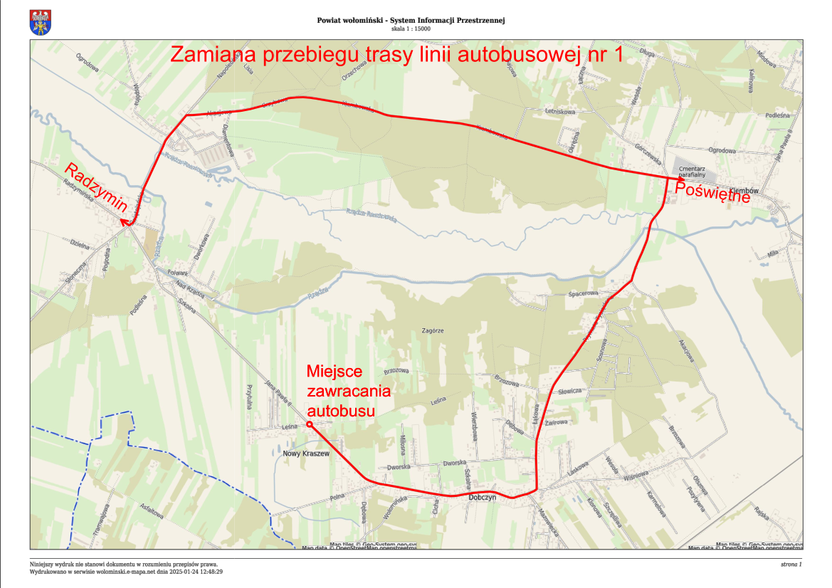 zmiana przebiegu lini autobusowej nr 1 na odcinku Stary Kraszew - Nowy Kraszew