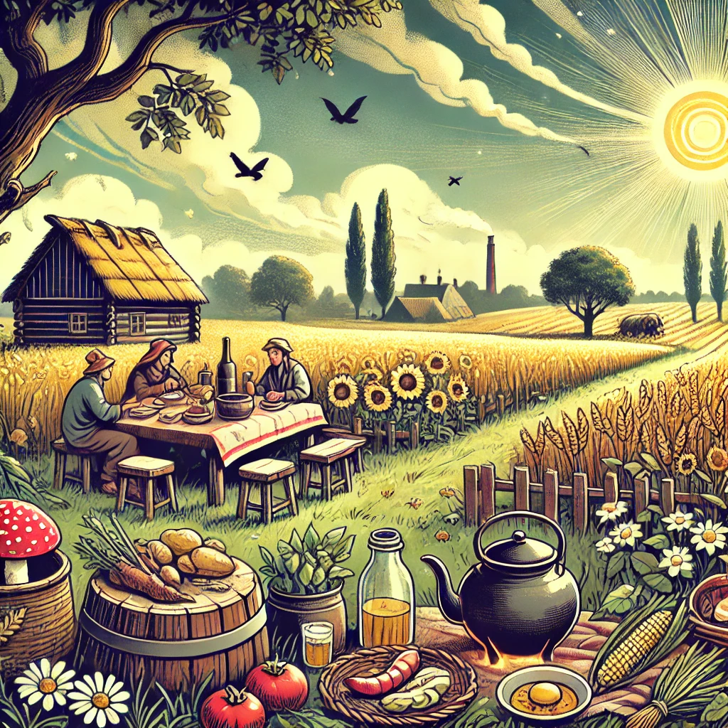 Dzień Sołtysa_ radosna scena przedstawiająca sołtysa w tradycyjnym stroju wiejskim, stojącego na tle malowniczej wsi z zielonymi polami, ch