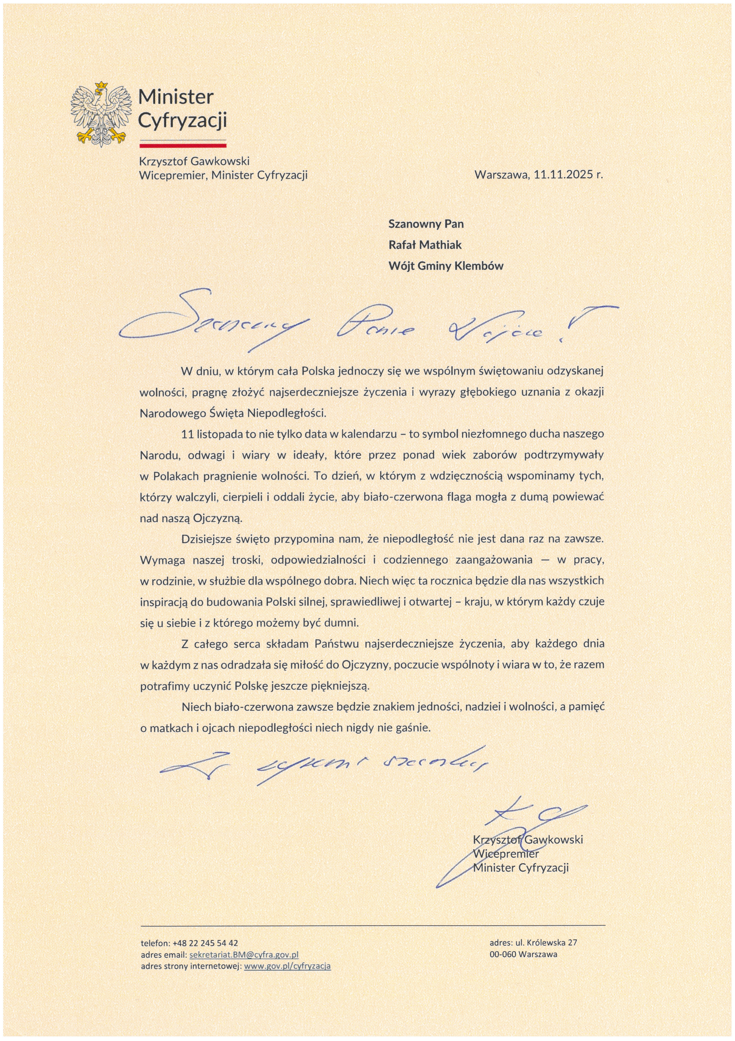 List od Wicepremiera, Ministra Cyfryzacji Krzysztofa Gawkowskiego